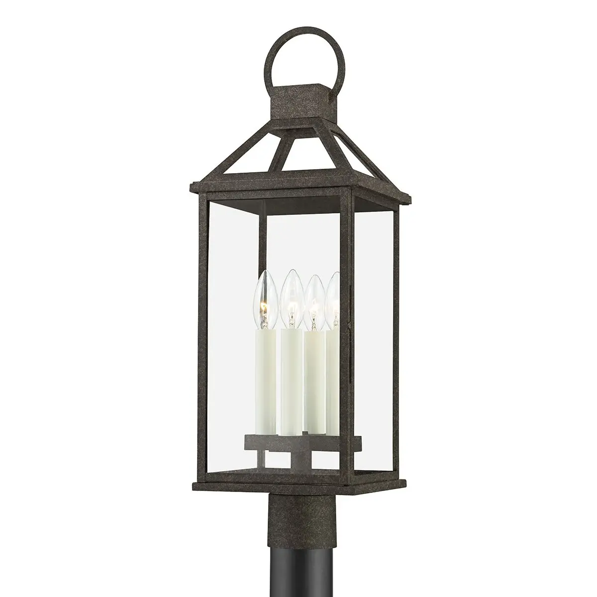 Sanders Outdoor Post Light with Clear Glass, French Iron Finish, and Candlestick Design