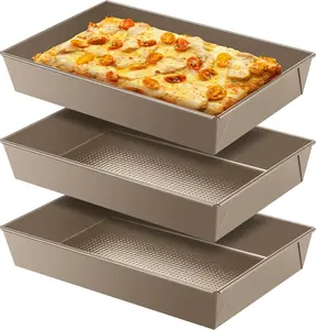 3 Pcs 10 x 14 x 2.36 in Detroit Style Pizza Pan Hard Rectangular Deep Pizza Pans Non Stick Sicilian Style Pan Dish Pre Seasoned Bakeware Kitchenware(Gold)