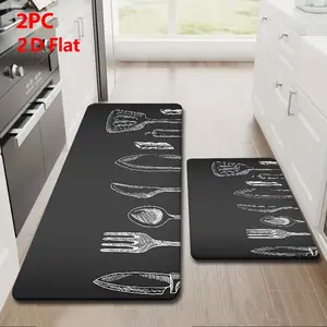 2pcs/3pcs Flannel Kitchen Mat Set, Blackboard Texture, Hand-Drawn Utensils, Non-Slip, Absorbent, Home Decor