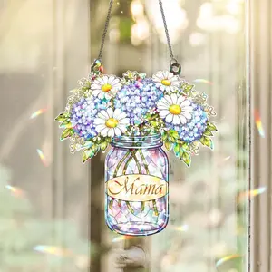 "Mama" Flower Mason Jar Suncatcher - Floral Stained Glass Window Hanging Decor, Personalized Mother's Day Gift, Aesthetic Garden Ornament, Unique Mom Home Decoration
