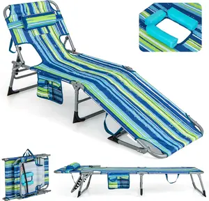 [Costway] Tanning Chair, Folding Adjustable Patio Lounge Chair with Face Hole, Removable Pillow, 330LBS, Carry Strap, Outdoor Sunbathing Chair, Lightweight Portable Beach Lounge Chair