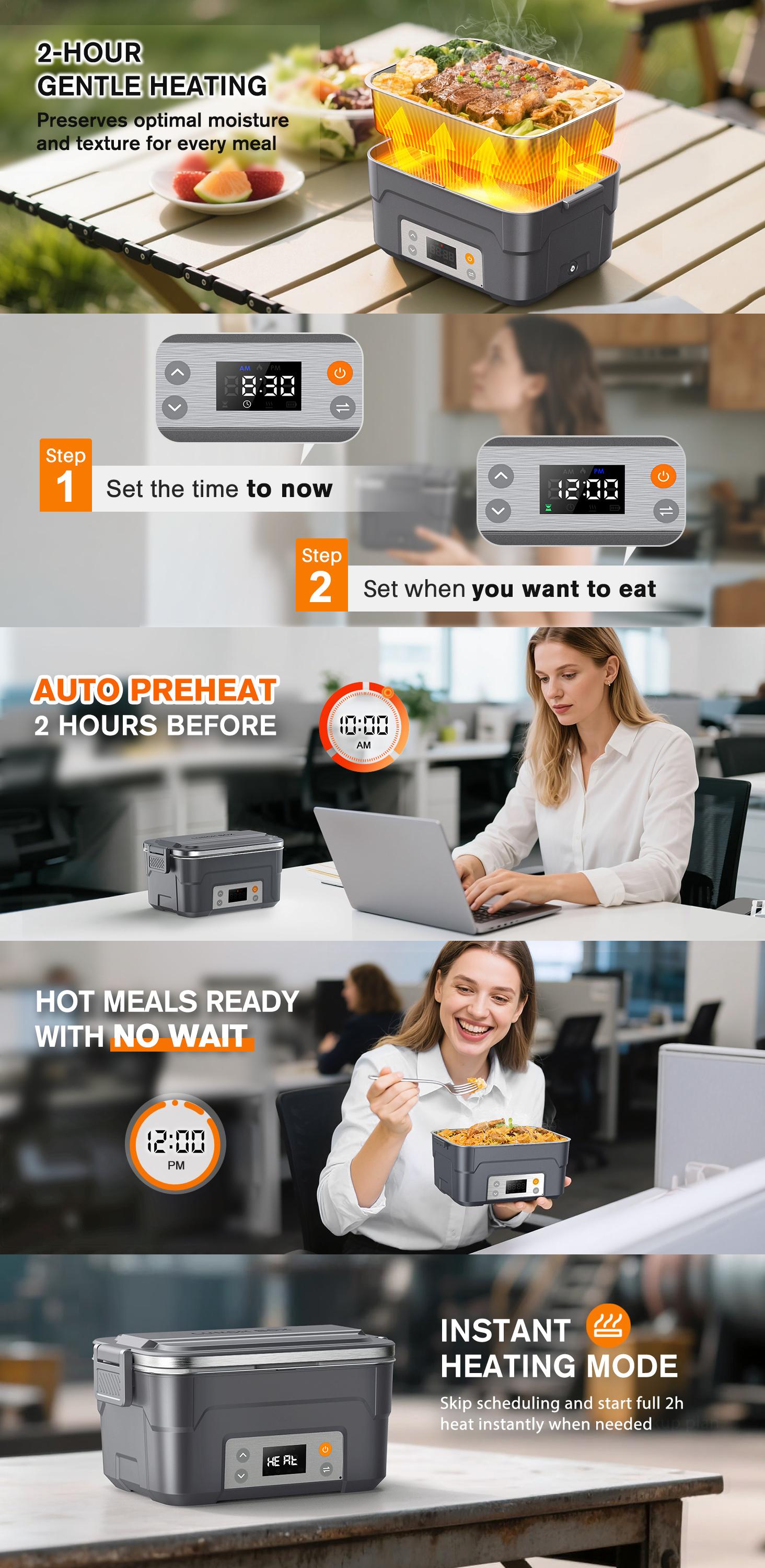 Docusvect Cordless Electric Lunch Box with Mealtime Setting & Daily Memory, 27000mAh Battery Powered Heated Lunch Box for Adults, 6.3 Cups Food Warmer Container, 220°F Rapid Heating & Auto Keep-Warm, Full Kit