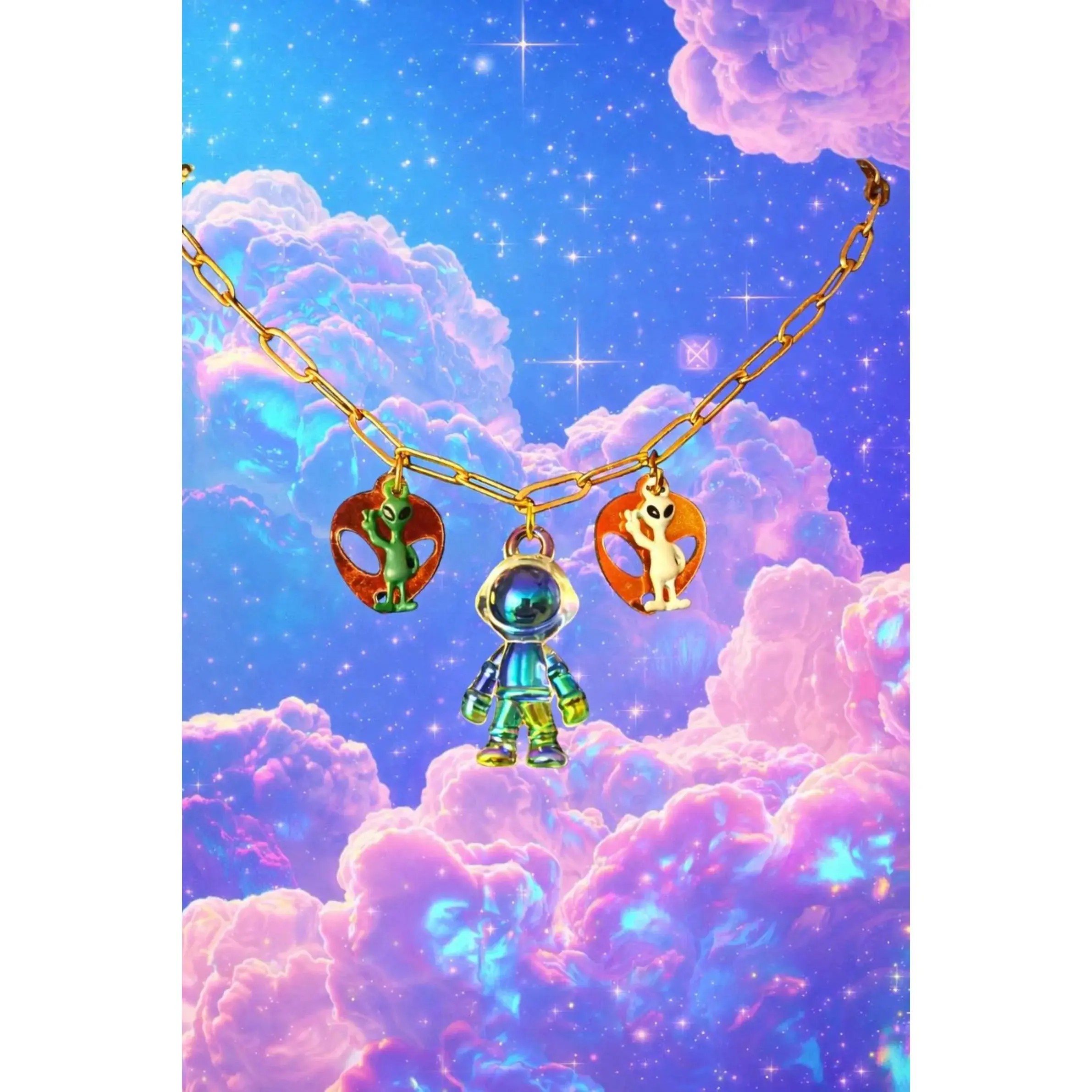 The Spaceman Galactic Charm Necklace, Customizable Metal Art Chain and Charm Decorations Necklace, Chain And Charm Decorations Necklaces, Customizable Charm Necklaces