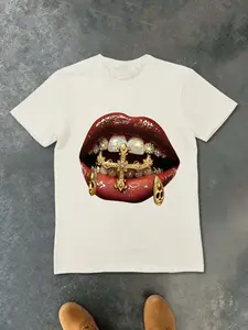 "Gothic Gold Grillz Lips Cross Drip Graphic T-Shirt, Y2K Hip Hop Streetwear Edgy Urban Fashion Tee, Men Women Short Sleeve Crewneck Street Style Top"
