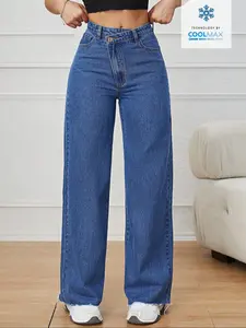 Women's High Waisted Denim Jeans, Asymmetrical Zipper Fly, Breathable Eco-Friendly Fabric, Summer Comfort, Absorbent Odor Control