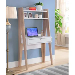 Ladder Desk Two- Tone, Home Office Study Desk with Drawer and Two Shelves in White & Weathered White-B107130822
