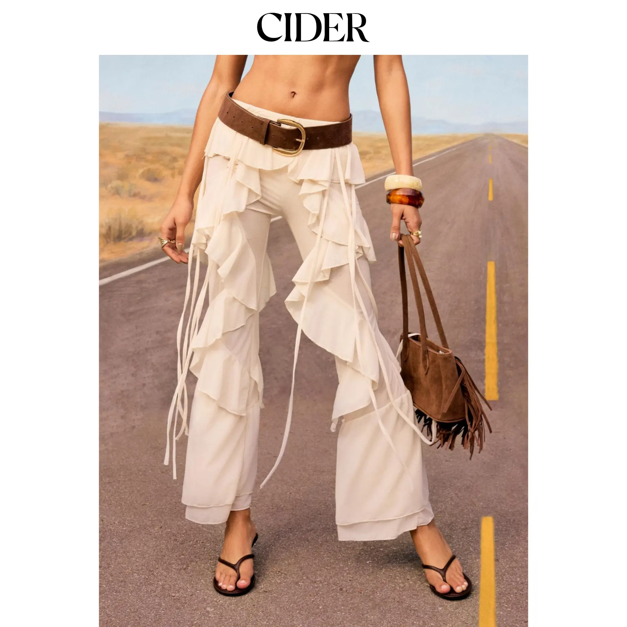 Cider Chiffon Low Rise Knotted Ruffled Flared Trousers