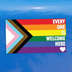 Every One Is Welcome Here Progress Pride Flag LGBTQ POC Transgender Flag White Text- Vibrant Color Vinyl Decal Sticker
