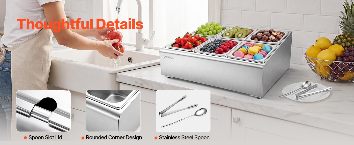 VEVOR Countertop Food Serving Display Container, Stainless Steel Food Salad Server Tray, Buffet Condiment Dispenser, Ice Cooled Rack with Separate Lid, for Restaurant Hotel Kitchen Party (6x1/6 Pan)
