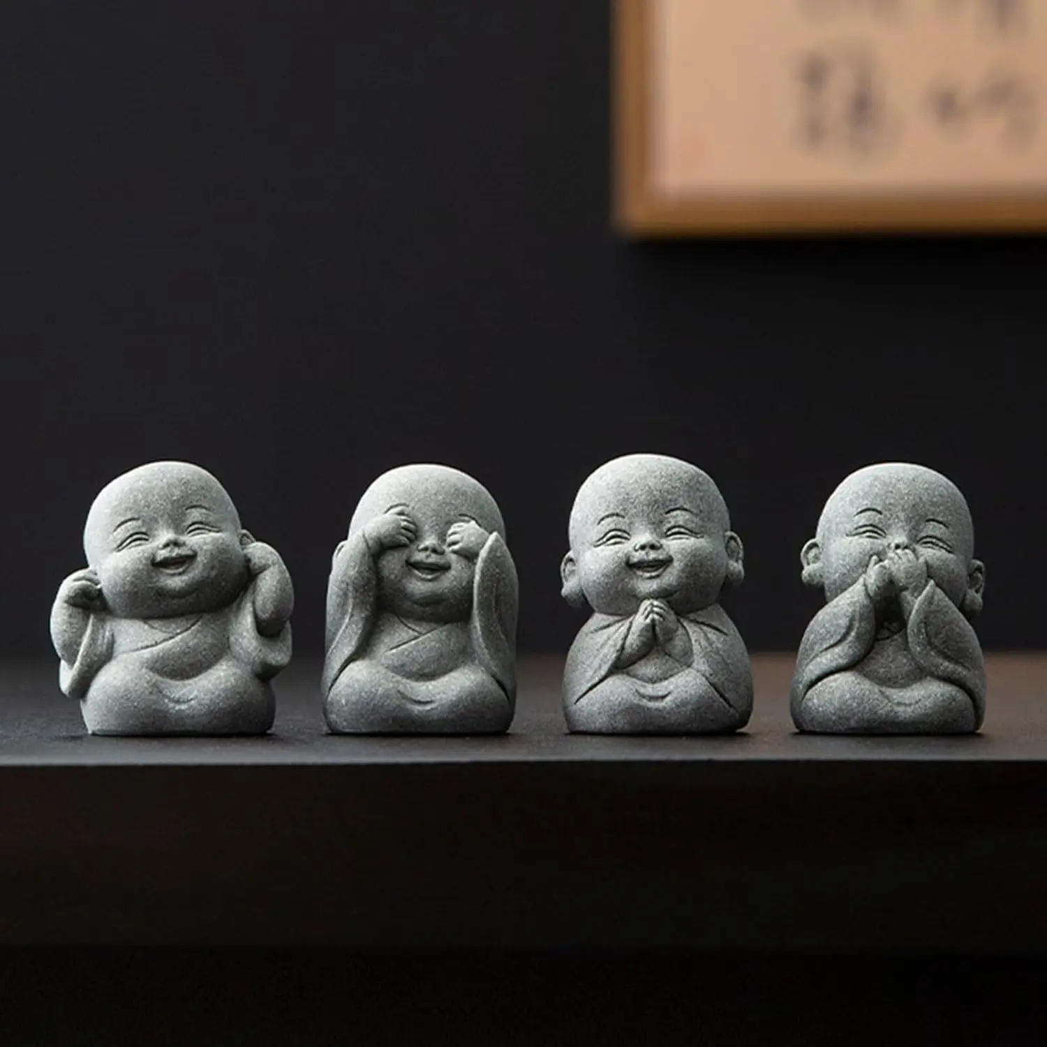 4Pcs Artificial Resin Laughing Buddha Statues - Small Sandstone-Infused Zen Monk Collectible Abundance Prosperity Sculptures for Feng Shui Home Office Desk Decor (Gray), Abundance Prosperity Statues, Collectible Statues