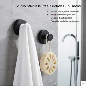 2 PCS Stainless Steel Suction Cup Hooks, 15 Lbs Capacity No-Drill Waterproof Shower Hooks, Rust & Moisture Resistant Reusable Washable Hangers for Glass Door, Tile, Robe, Towel, Bathroom & Home