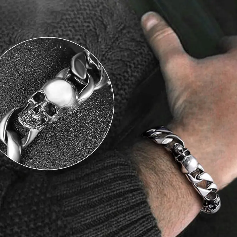 FaithHeart Gothic Skull Cuban Link Bracelet for Men, 15mm Heavy Stainless Steel Punk Jewelry, Durable Bracelet