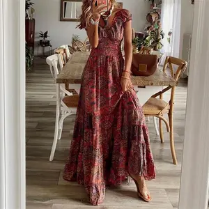 Women's Casual Elegant Bohemian V-Neck Waist-Cinching Floral Dress with Ultra-Flared Silhouette