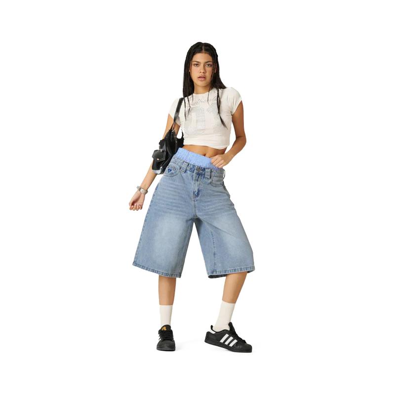 Aelfric Eden Double Waist Loose Sagging Jorts Baggy Denim Jorts High Waist Stretchy Straight Wide Leg Jorts Light Wash Shorts
