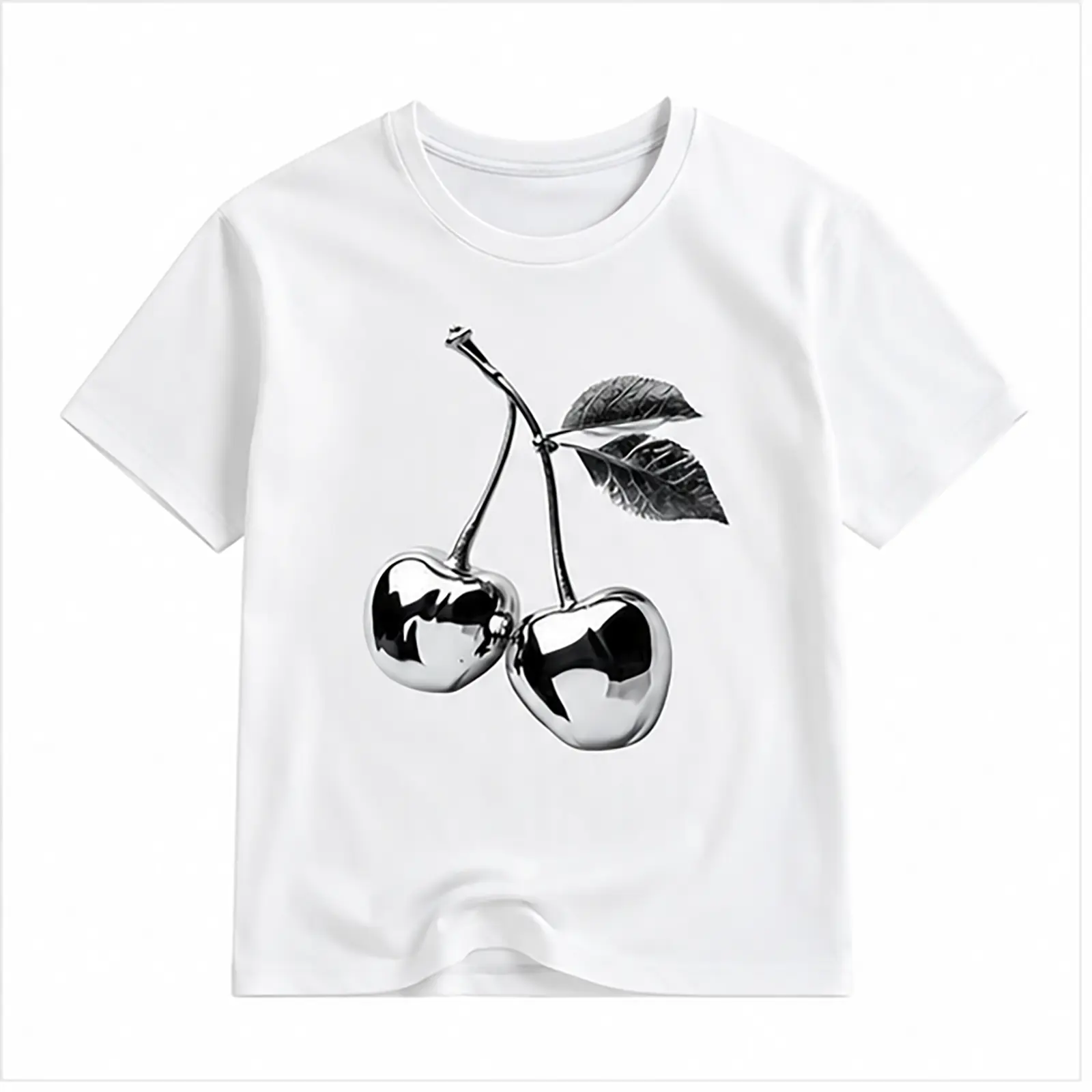 Unisex Chrome Cherry Graphic T-Shirt, Metallic Fruit Print Crew Neck Short Sleeve Casual Streetwear Tee for Women & Men, Trendy Y2K Summer Fashion Gift