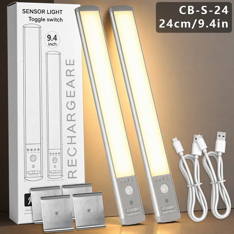 CB-S-24CM No Drill LED Motion Sensor Under Cabinet Light  Rechargeable Magnetic Tool-Free Install 3 Color Dimmable Auto On/Off