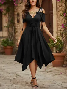 Women's Dress Black Cold-Shoulder Metal Accent Tie-Waist Ruched Asymmetrical Hem Dress Elegant Stylish For Party Date Shopping Daily Use