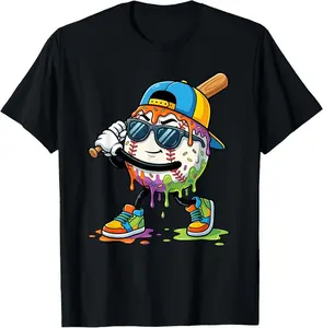 Baseball Drip for Boys Ice Cream Drip Baseball Sport Lover Youth Boys T-Shirt Cotton Fabric