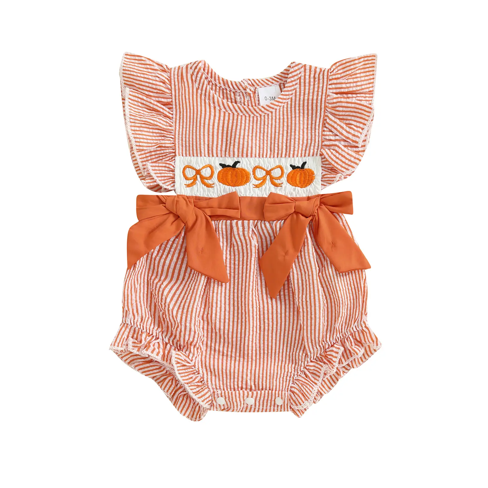 My First Halloween Outfit Infant Baby Girl Pumpkin Stripes Smocked Bows Romper Ruffles Sleeveless Onesie Bodysuit Jumpsuit