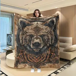 Vintage Celtic Totem Bear Flannel Blanket, Full Print Weathered Look, Cozy Men's Bedroom Sofa Nap Throw, Holiday Gift