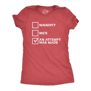 Womens Naughty Nice An Attempt Was Made T Shirt Funny Christmas Santa's List Novelty Tee Funny Womens T Shirts Cute Vintage Fashion Casual Ladies T-Shirt Gift Christmas Tops for Women Women's Novelty Tees Red
