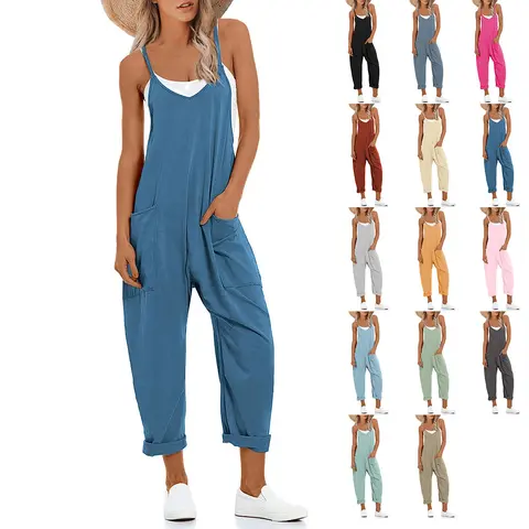 TanmingModa Women's Y2K Jumpsuit Romper Stretchy Wide-Leg Harem Overalls with V-Neck Adjustable Straps Deep Pockets Casual Sleeveless Streetwear for Summer Basic Black Pants SpringStatements SpringStatements Wideleg