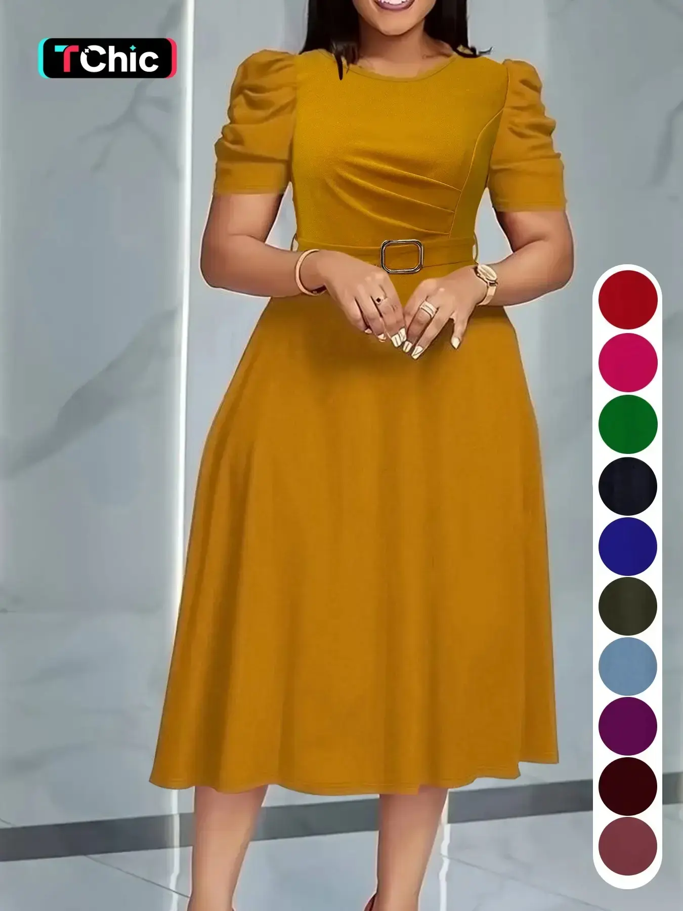 Summer Camel Bubble Sleeve Midi Dress, Slim-Fitting A-Line with Waist Belt, Elegant Chic Everyday Office Wear, Perfect for Church Weddings