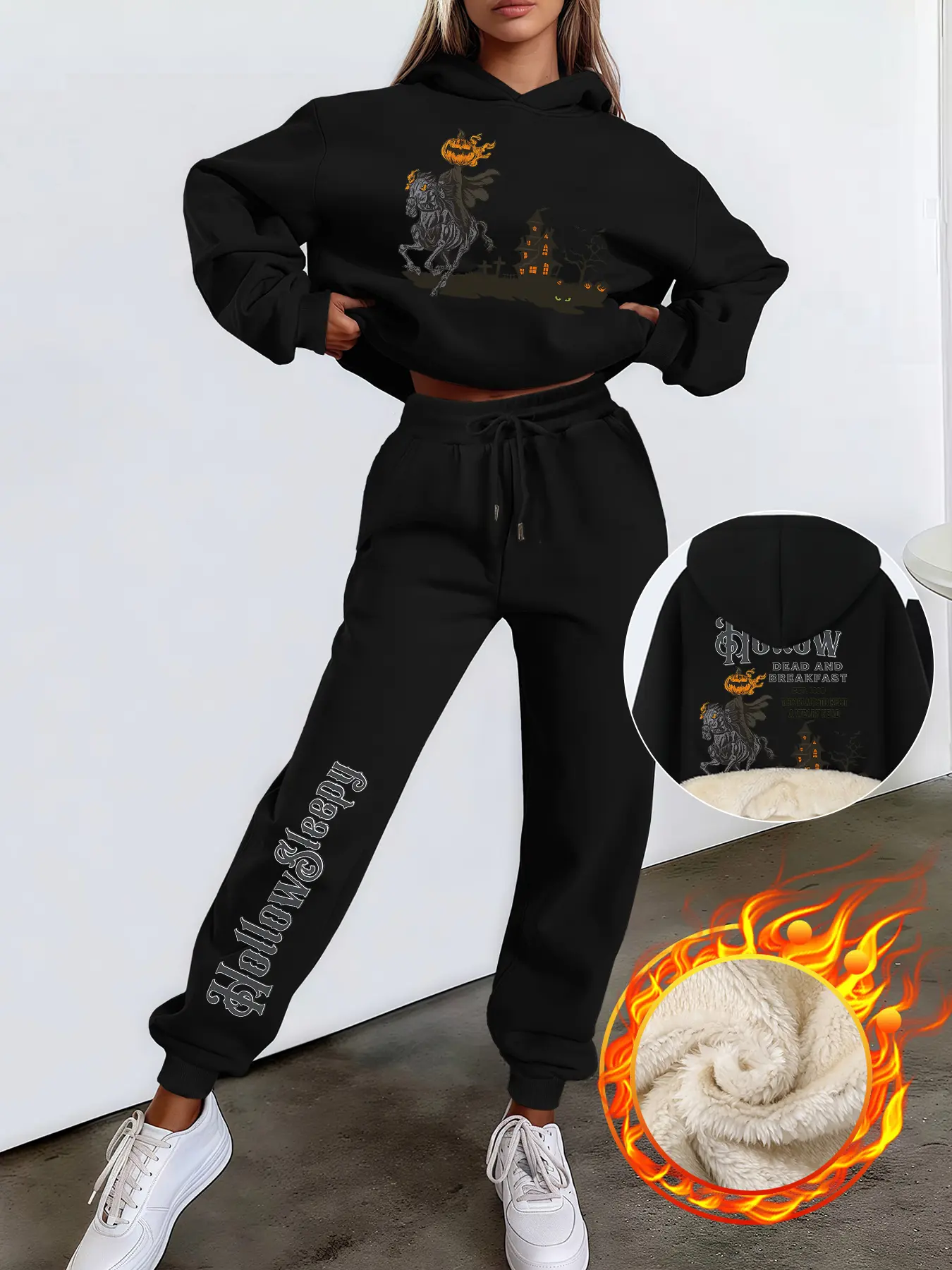Women's Halloween Hoodie Sweatpants Set, Thick Fleece Lined, Casual Loose Fit, Fall & Winter, 2 Piece Set