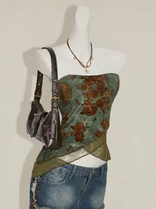 ADD2FIT x ICON Bohemian Style Flocked Fabric Mesh Panel Asymmetrical Hem Bustier Top