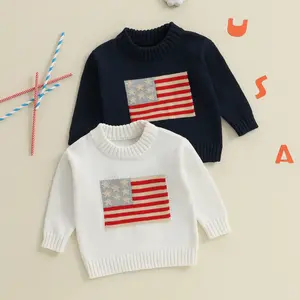 REDWOON Toddler Baby Boy Girl 4th of July Outfit Long Sleeve Crewneck USA Flag Sweater Memorial Day Patriotic Pullover Knit Tops