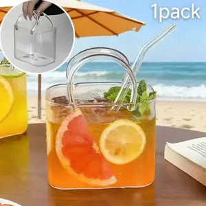 Aesthetic Clear Handbag Purse Shaped Reusable High Borosilicate Glass Cup 770ml/26oz with Glass Straw, Food Grade Shatterproof BPA Free Lead Free Dishwasher Safe, Multi-Use for Iced Drinks Wine Vase, Elegant Holiday Anniversary Gift for Women