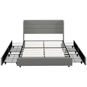 HOMCOM Full/Queen Size Bed Frame with Headboard, Upholstered Platform Bed Frame with Storage Drawers, Wood Slats, Noise-Free, and Easy Assembly, No Box Spring Needed, Light Gray