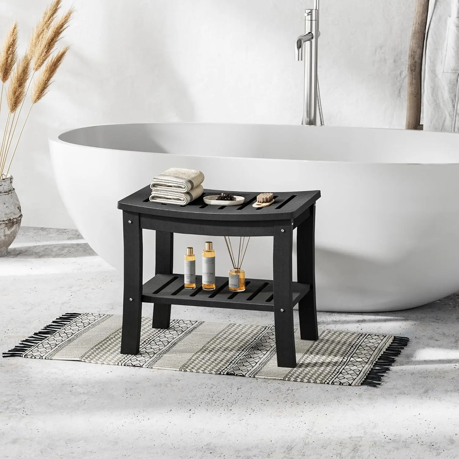 Bathroom Shower Bench with Storage - HDPE Waterproof Seat Stool - Stable Shower Chair for Bathtub and Spa