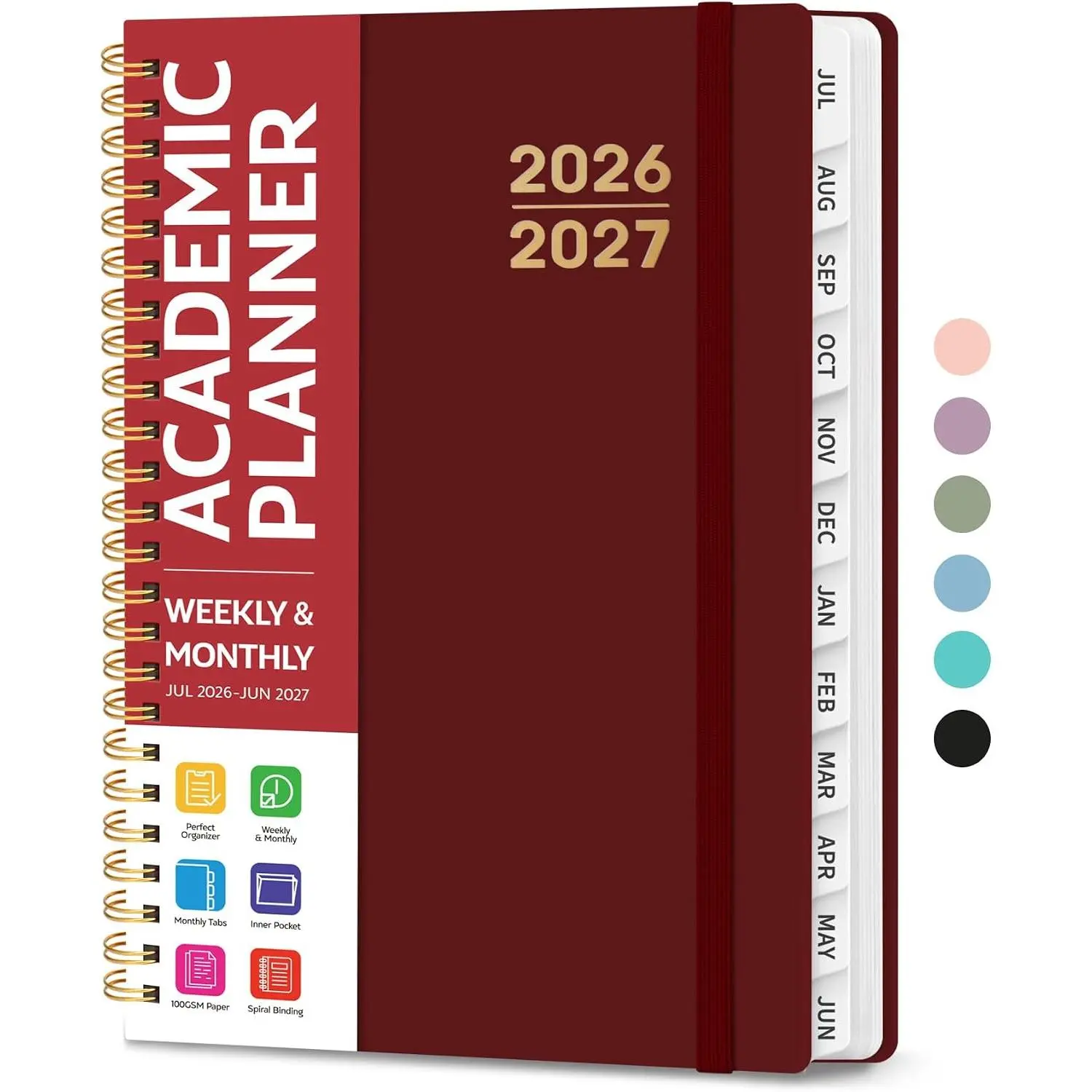 Planner 2026-2027 for Women & Men, Academic Monthly and Weekly Calendar Planner, Jul 2026 - Jun 2027, A5 (6.3" x 8.5"), Teacher Student Planning Book with Tabs, Ideal for Office School Supplies - Burgundy