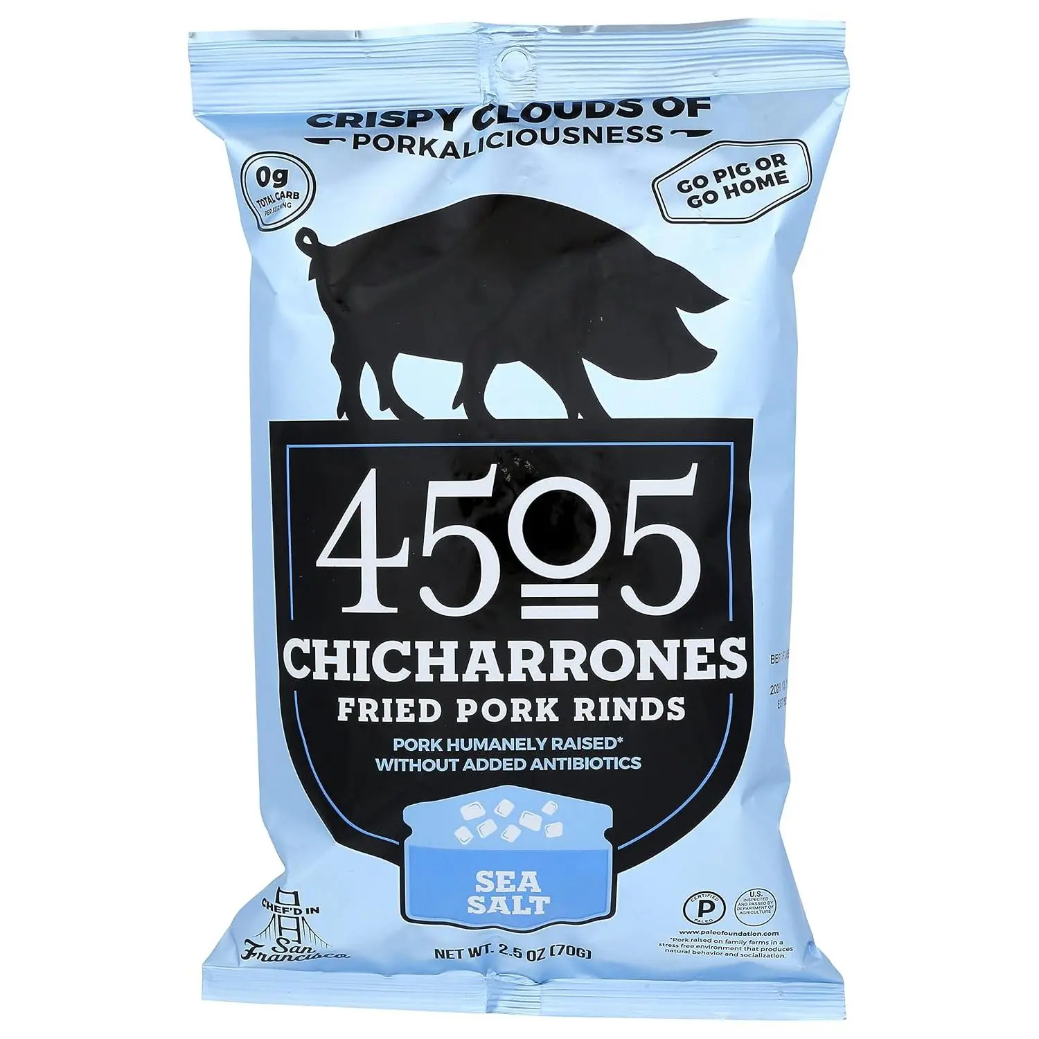 4505 Meats Sea Salt Chicharrones Snack, 2.5 Oz - Case of 12