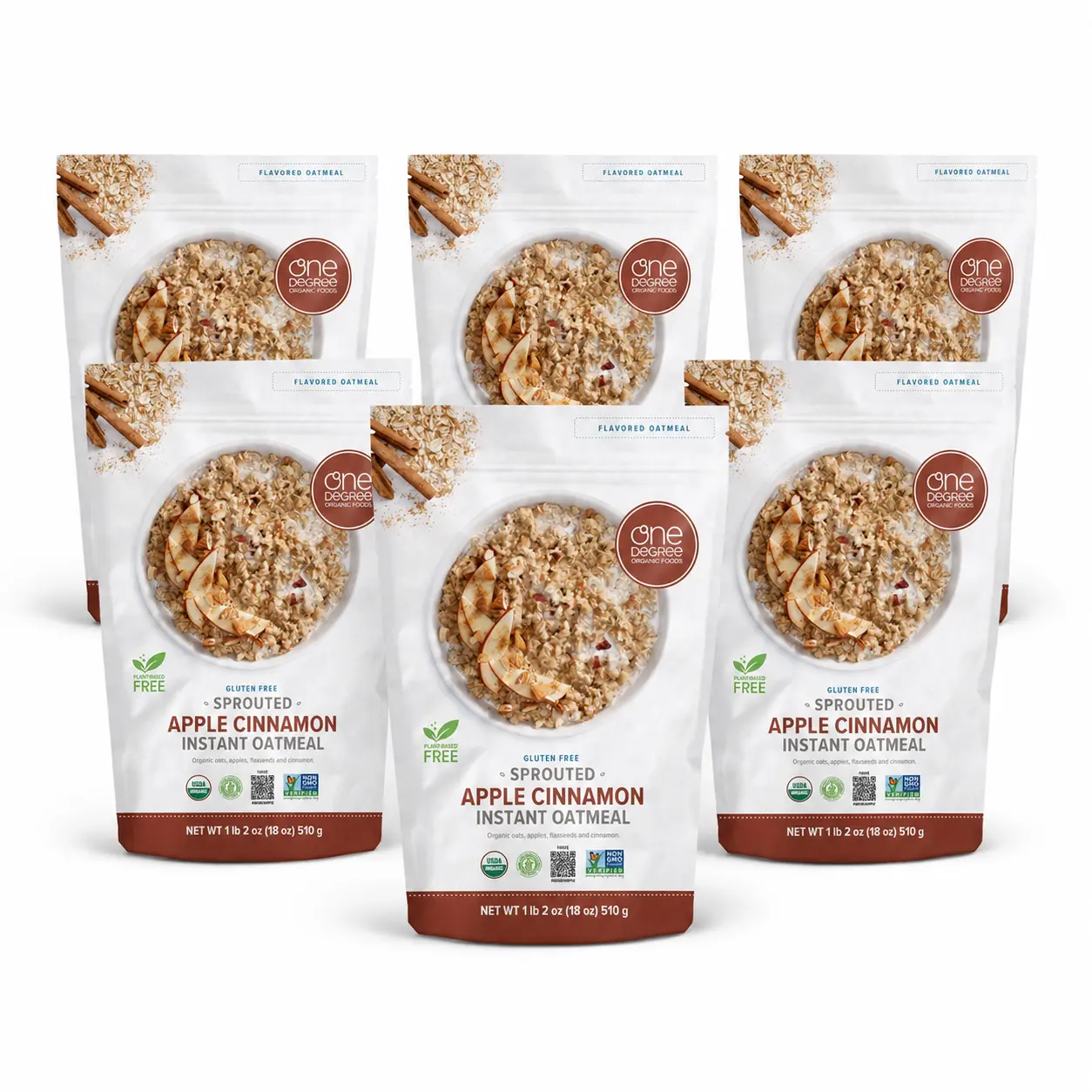 1 Degree Organic Foods Sprouted Instant Oatmeal - USDA Certified Organic, Non-GMO, Vegan, Gluten-Free, Apple Cinnamon with Real Apples & Oats (Pack of 6)