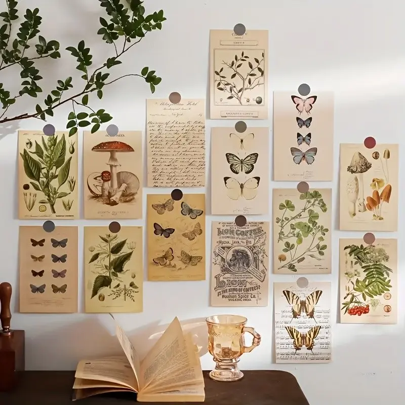 Vintage Plant Postcard Set of 10, Educational Biologist Series Wall Decor, Nature-Inspired Art Cards with Butterflies, Plants, Mushrooms