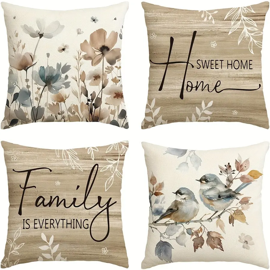 4Pcs- Bird Flower Pattern Pillowcases, Set, Beautiful Design, Soft Comfort Decorative Home Decor, Office Sofa Cushion Covers, Single Side Print, Suitable for All Rooms, Versatile, Floral