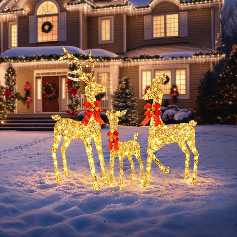 3-Piece Classic White Multicolor LED Lighted Reindeer Christmas Decor - Large 3D Glittered Look, 57-47-28 Size Floor Mount Animal Shape, Glowing Colorful LED Decorative Holiday Decor for Outdoor Garden, Indoor Porch,home decor