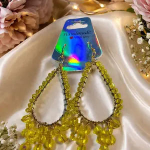 Handmade Yellow Beaded Earrings with Gold Tone Hooks and Chandelier Design