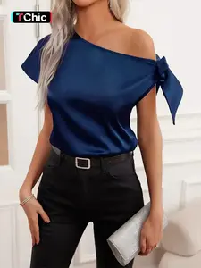 Women's Short Sleeve Plain Color Asymmetrical Shoulder Tie Top, Casual Summer Fashion, Comfortable & Stylish Design