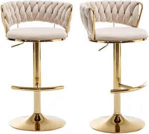 Velvet Bar Stools Set of 2, Counter Height Bar Stools with Low Back, Gold Swivel Bar Stool for Kitchen Island, Bar Pub (Beige)