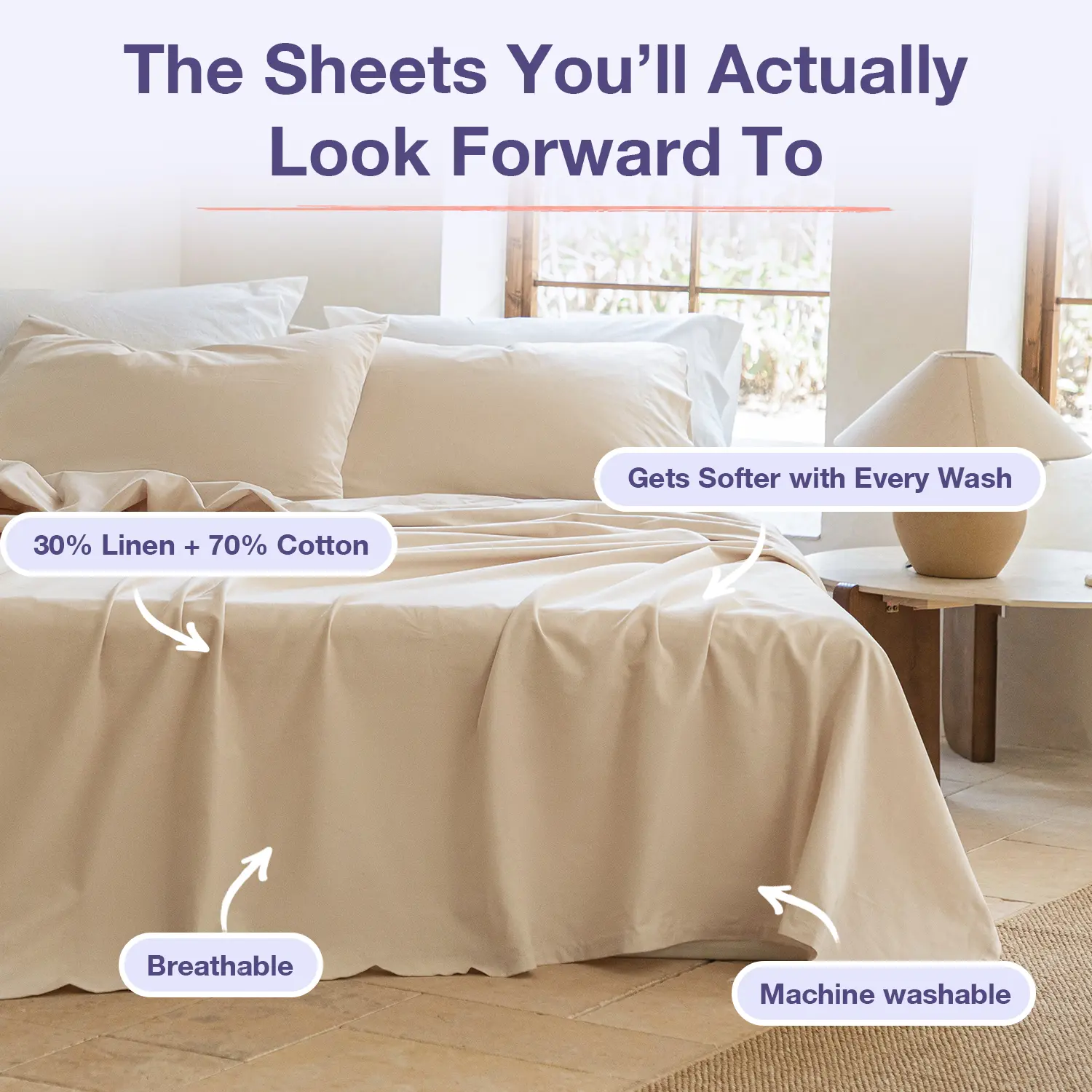Simple&Opulence Linen-Cotton Blend Bed Sheet Set (4pcs) - 1 Flat, 1 Deep Pockets Fitted, 2 Pillowcases, Cool Breathable Farmhouse Bedding, Natural Texture, Minimal Color Pairs with Modern Decor, Balances Softness for Hot Sleepers