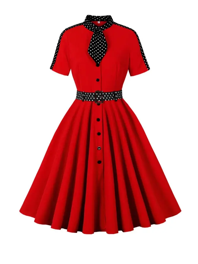 Vintage 1950s Red Dress Polka Dot Tie Neck Short Sleeve Waist Defining A  Line Swing Skirt Elegant Party Date Night Retro Fashion For Women Formal  Belt Womenswear Breathable - TikTok Shop