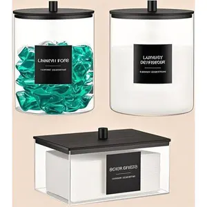Black Storage Containers Set with Bamboo Lids and Labels, Laundry Room Organization Jars for Pods and Powder Detergent, Airtight Acrylic and Glass Canisters, 3-Pack Home Storage Solution, Reusable and Durable Bottles Box Minimalist Water Proof