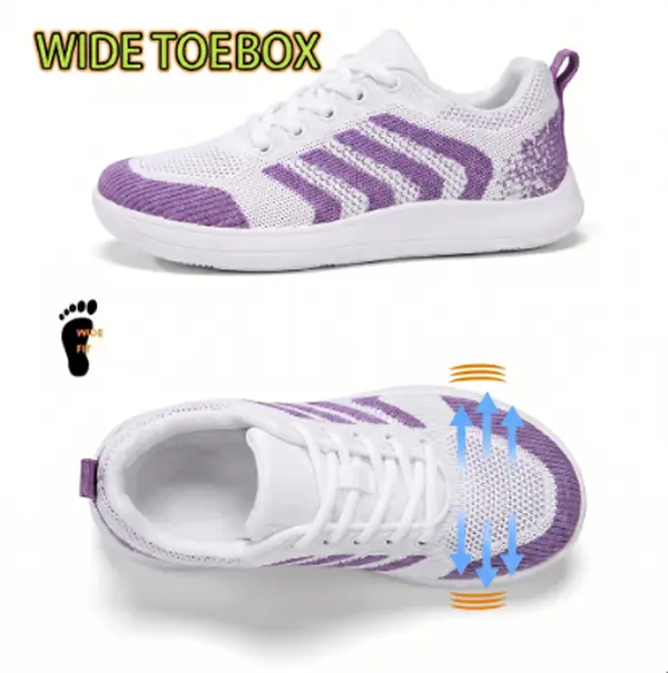 Women's Mesh Casual Trainers - White & Purple Wide Toe, Lightweight Elastic Fly-Woven Upper, Breathable Heat-Dissipating, Back to School Haul, Sporty Chic, Mesh Fabric, Boutique Style, All Seasons for Campus & Light Yoga