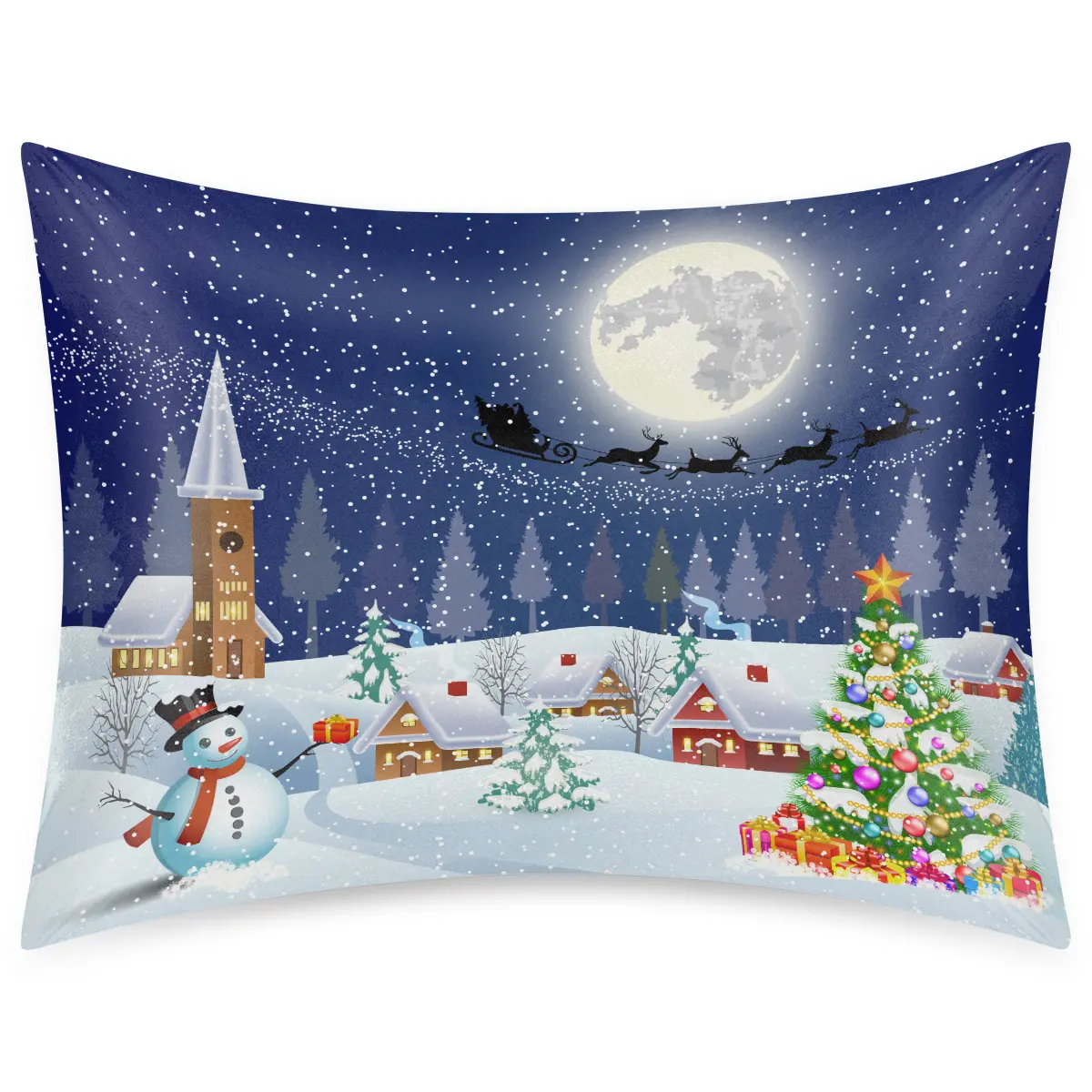 Christmas Winter Snow Village Polyester Pillowcase - Santa Sleigh, Reindeer, Snowman, Xmas Tree Print - Soft, Skin-Friendly, Hair-Protect Cushion Cover for Sofa, Bedroom Indoor Room Decor, sohochic