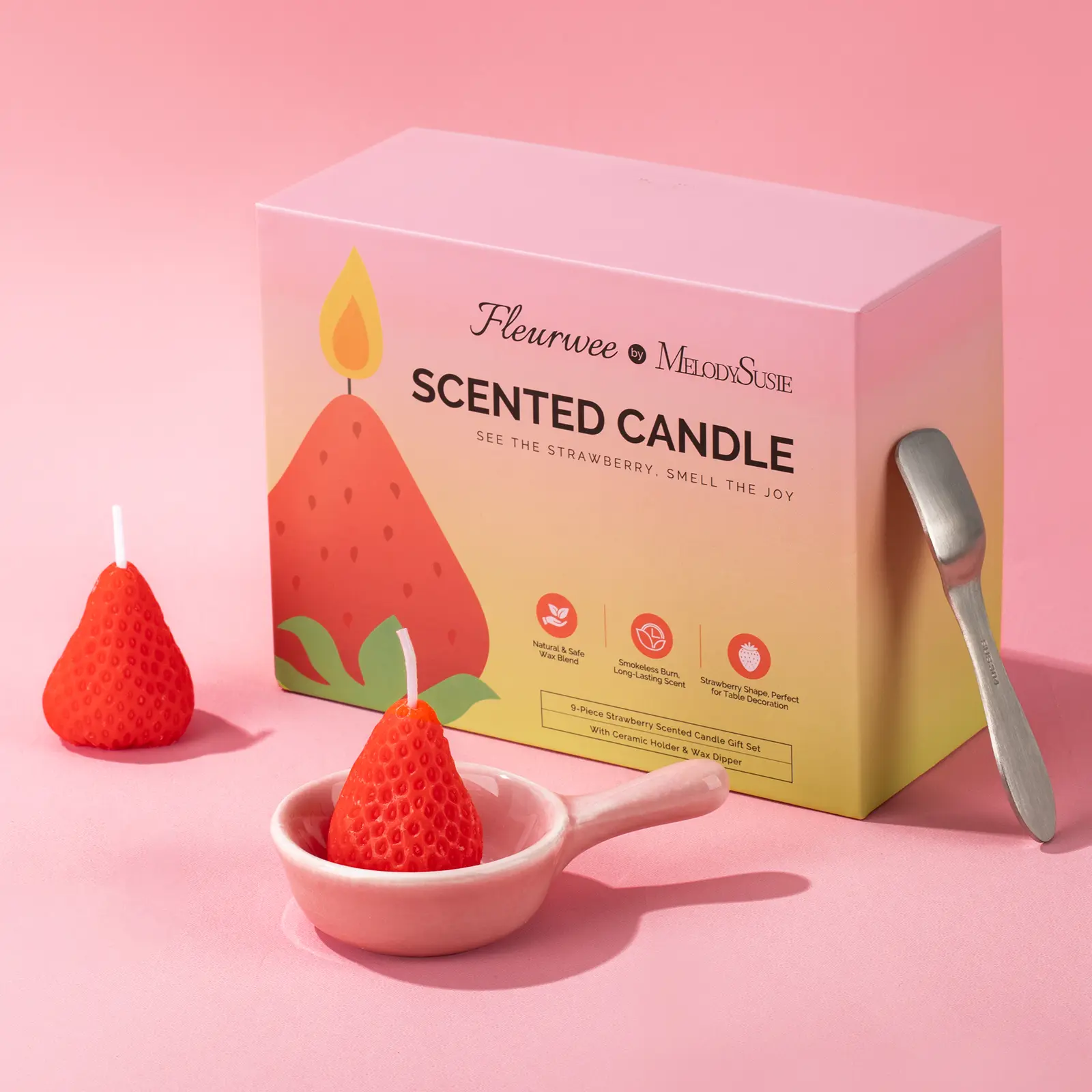 MelodySusie Aromatherapy Gift Box with Strawberry-Shaped Scented Candles for Home Decor and Holiday Gatherings - 9 Candles, Ceramic Tray, and Spoon
