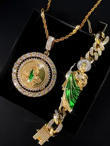 Hip Hop Jewelry Set (Bracelet + Pendant + Necklace) Mexican Charm St. Jude Religion Catholic Faith Wear Jewelry punk St. Jude Jewelry Set Holiday Celebration Gifts Protect Blessing Jewelry Gifts for Men and Women Accessories Set