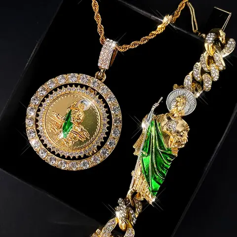 Hip-Hop St. Jude Mexican Charm Jewelry Set, Religion Bracelet, Pendant and Necklace Set, Catholic Faith Punk Accessories, Holiday Blessing Jewelry Gifts for Men and Women